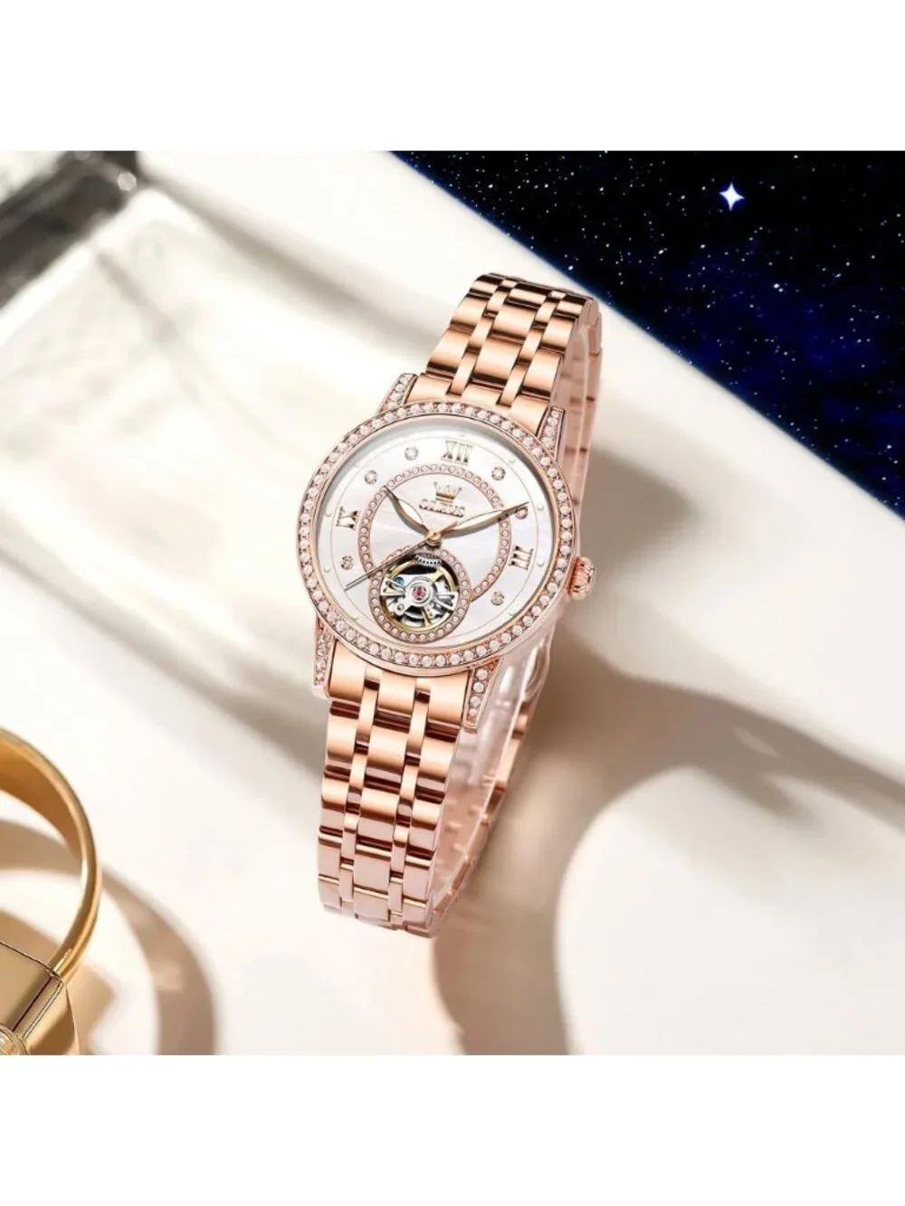Women’s Rose White Automatic Starry Sky Diamond Bezel Luxury Mechanical Watches